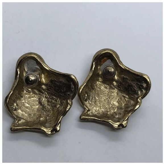 Unique Vintage Gold Tone Faux Amber Cabochon Chunky Statement Earrings - Picture 2 of 7